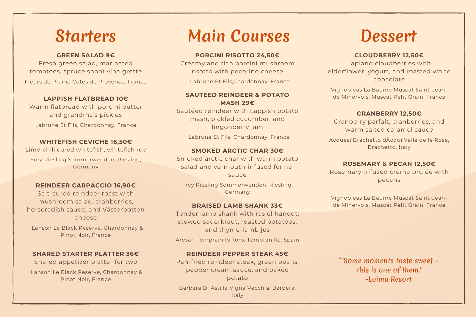 Loimu Resort menu A la Carte